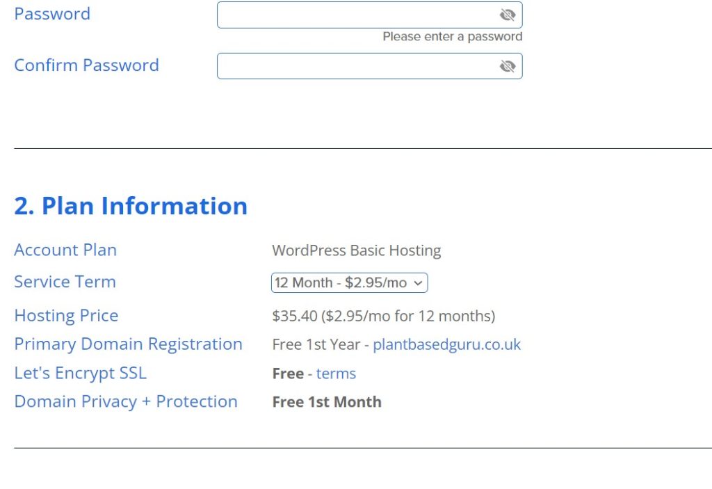 step three of buying hosting on bluehost- how to start a blog